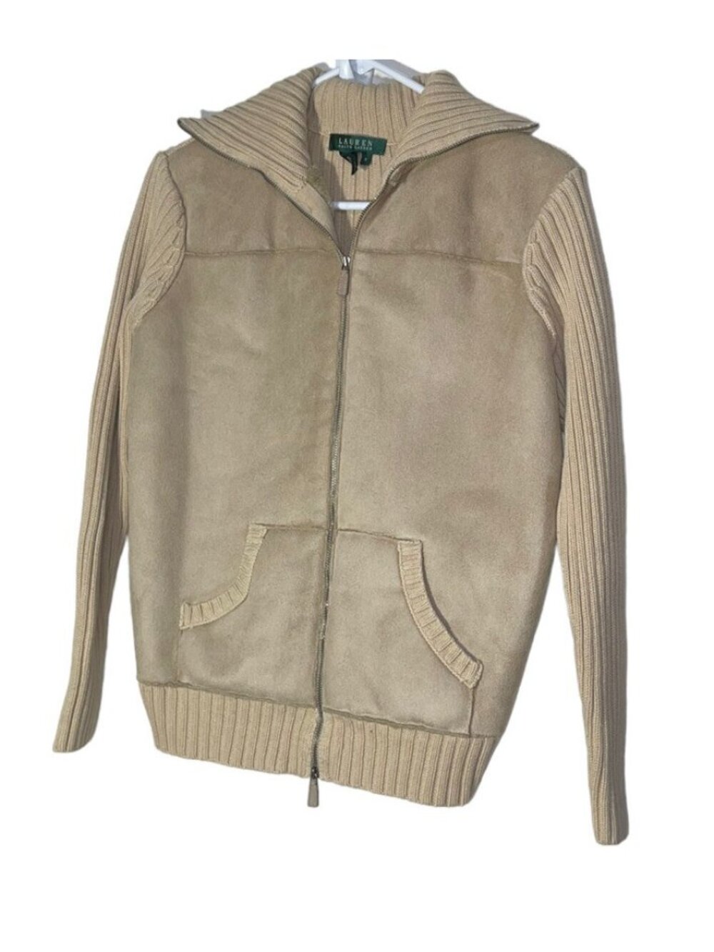 Lauren Ralph Lauren Womens Chunky Knit Zip Cardigan Size M Tan Faux Fur Lining